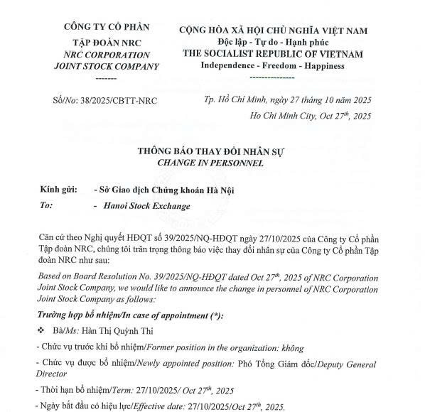 Thông báo của Tập đoàn NRC về thay đổi nhân sự