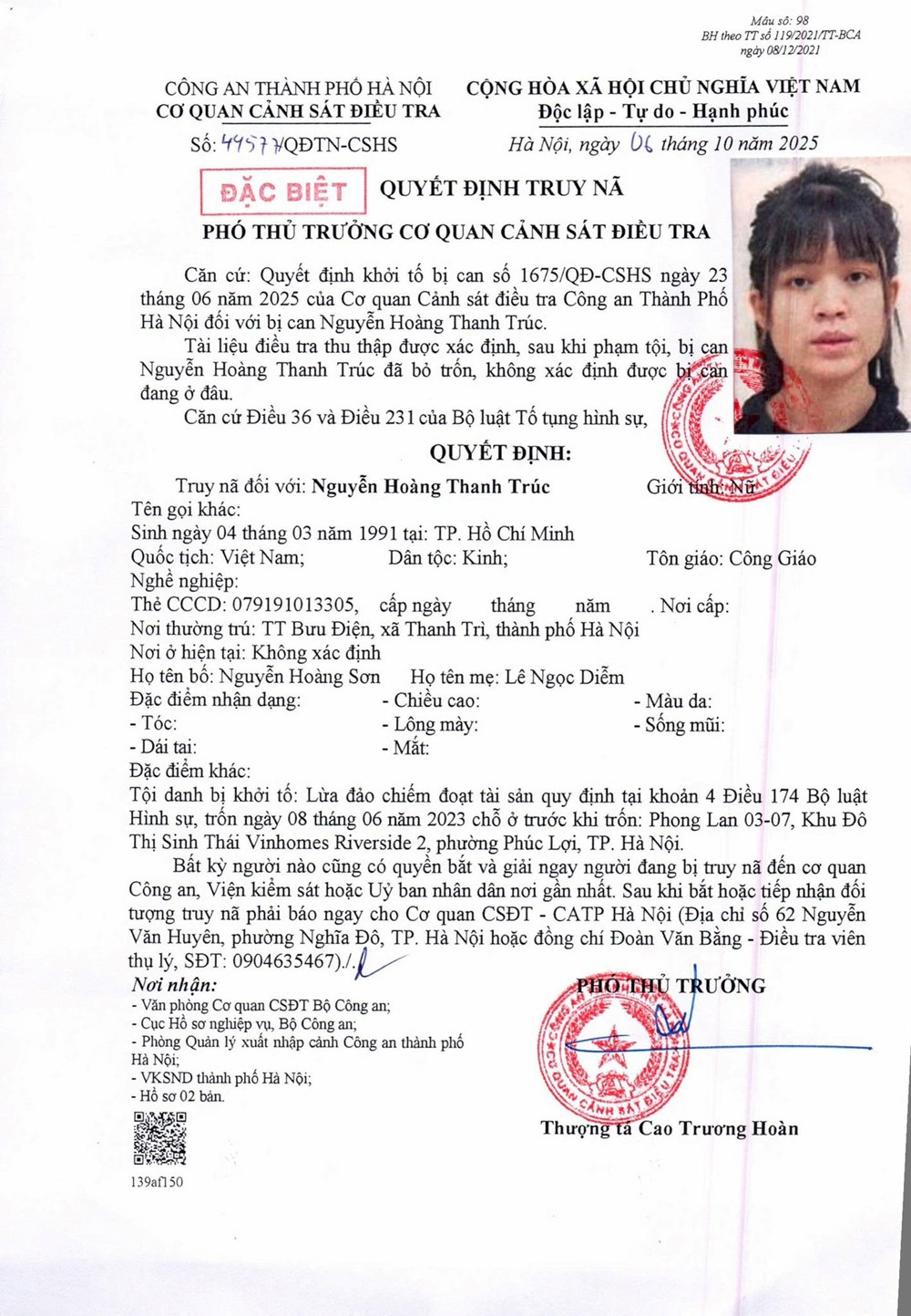 Truy nãc đặc biệt Nguyễn Hoàng Thanh Trúc sinh năm 1999 - ảnh 2