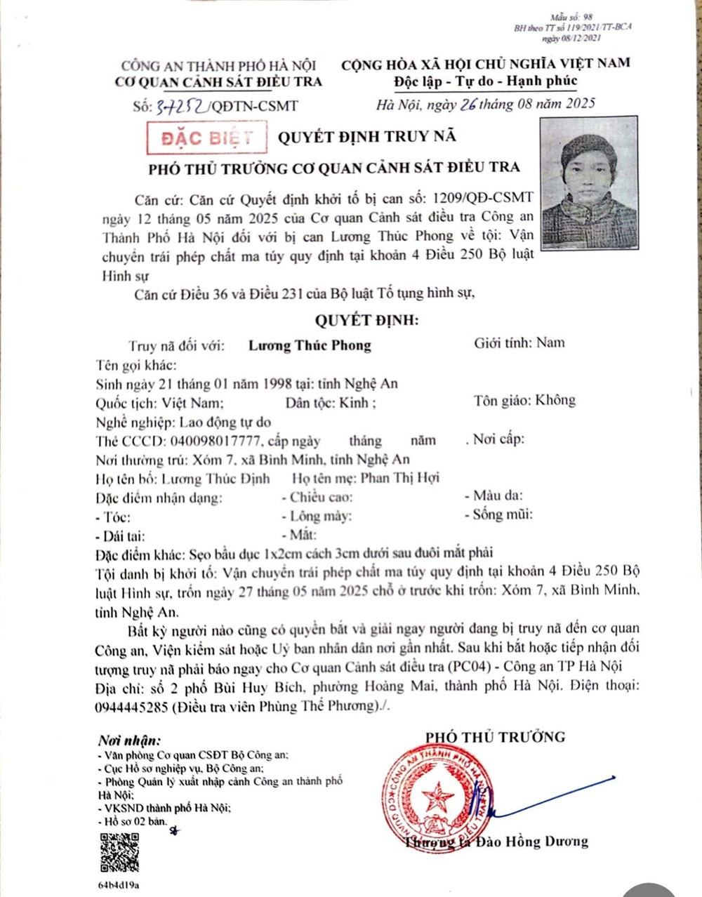 Truy nã đặc biệt Lương Thúc Phong sinh năm 1998 - ảnh 2