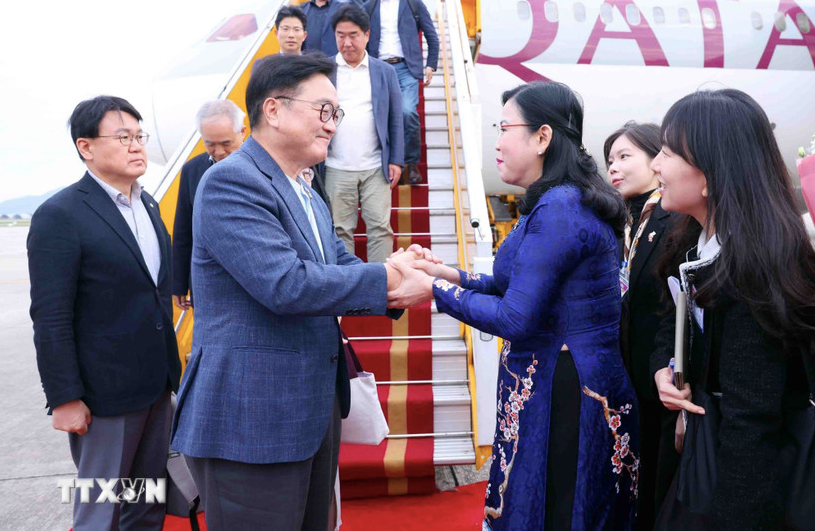 Chủ nhiệm Ủy ban Khoa học, Công nghệ và Môi trường của Quốc hội Nguyễn Thanh Hải đón Chủ tịch Quốc hội Hàn Quốc Woo Won Shik và Phu nhân tại sân bay Quốc tế Nội Bài. Ảnh: TTXVN screen-shot-2025-11-20-at-84607-am.png