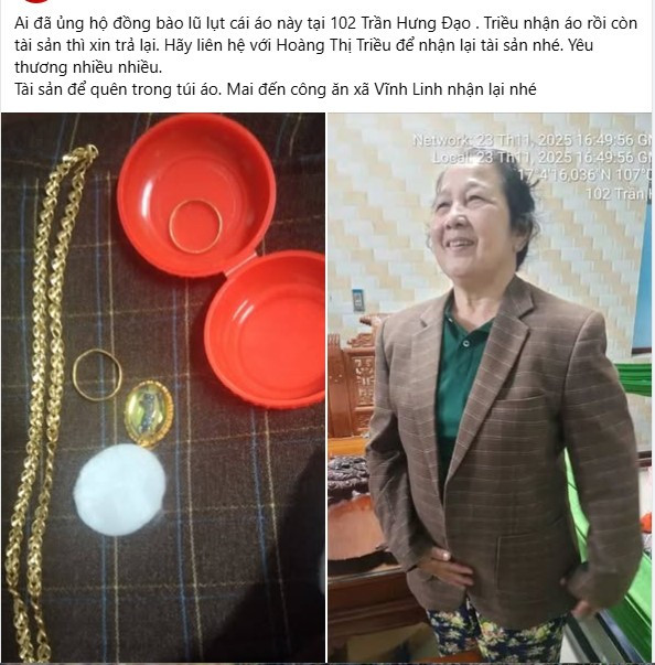 Phát hiện 2 nhẫn vàng, 1 dây chuyền vàng trong túi áo cũ gửi tặng đồng bào vùng lũ, người phụ nữ vội trình báo công an - ảnh 2