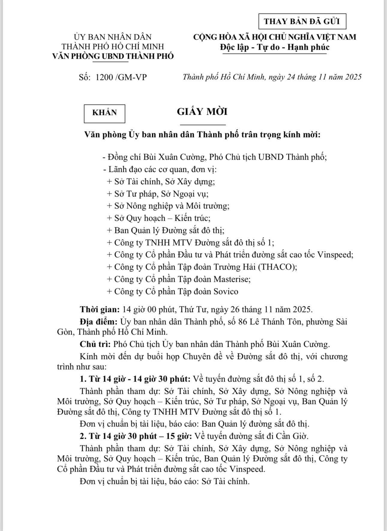 Thư mời của TP. HCM. Nguồn ảnh: TP. HCM