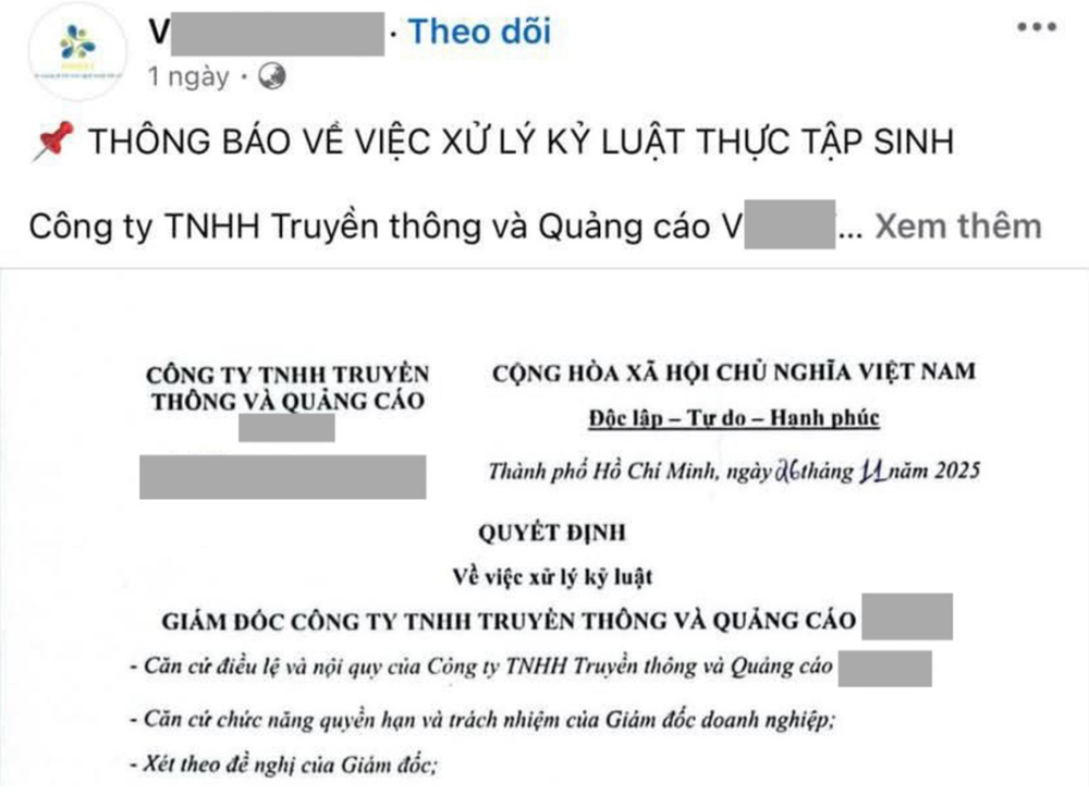 Danh tính công ty đăng quyết định kỷ luật thực tập sinh lên mạng, chạy quảng cáo gây xôn xao - ảnh 1