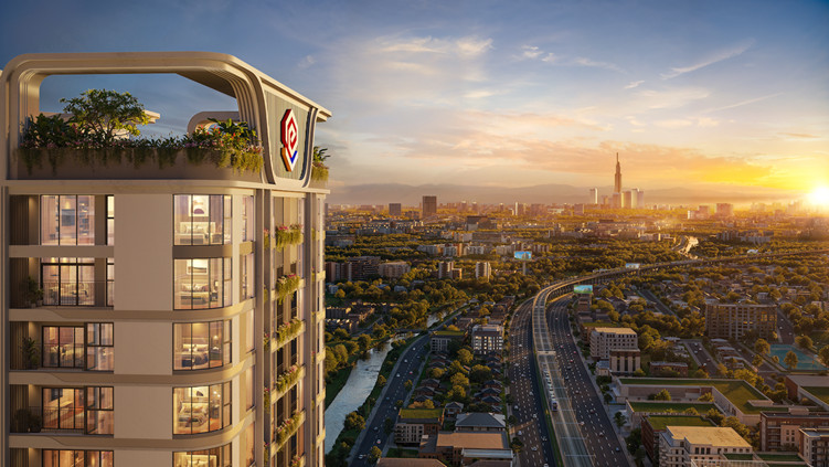 A tall building with a city in the background AI-generated content may be incorrect.