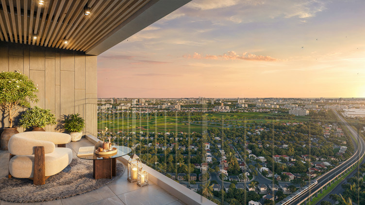 A balcony with a view of a city and a sunset AI-generated content may be incorrect.