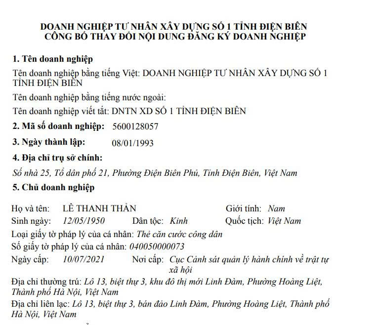 Văn bản công bố thay đổi ngành nghề kinh doanh của doanh nghiệp