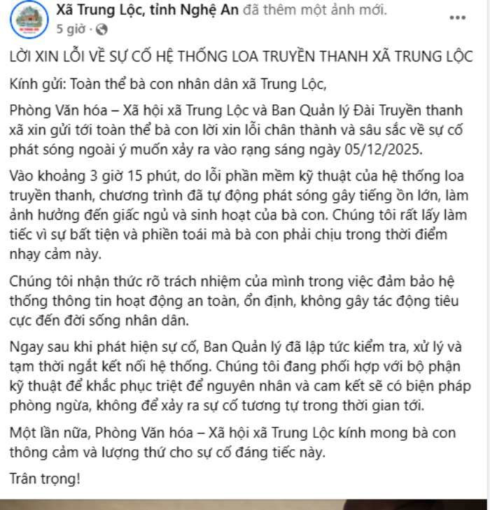 Loa truyền thanh phát lúc 3h15, một xã ở Nghệ An xin lỗi dân - ảnh 1