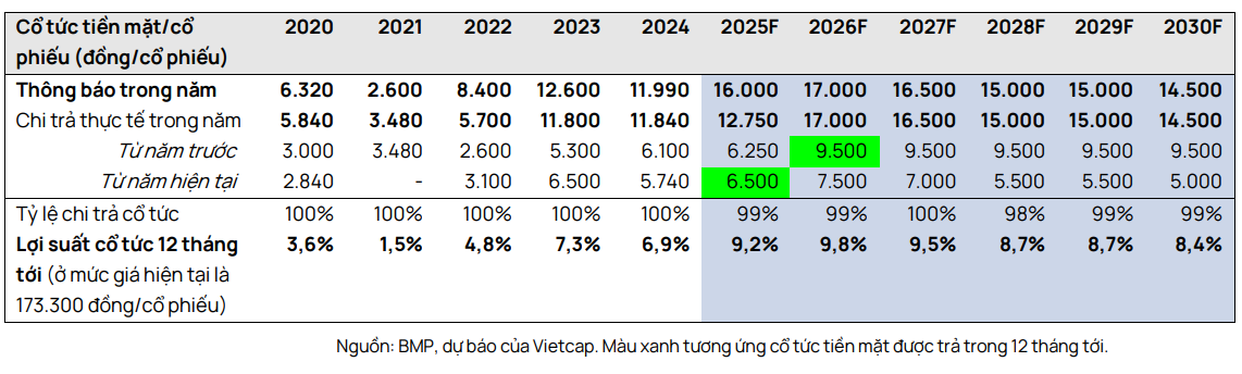 Lịch chia cổ tức bằng tiền mặt của BMP và dự báo của Vietcap