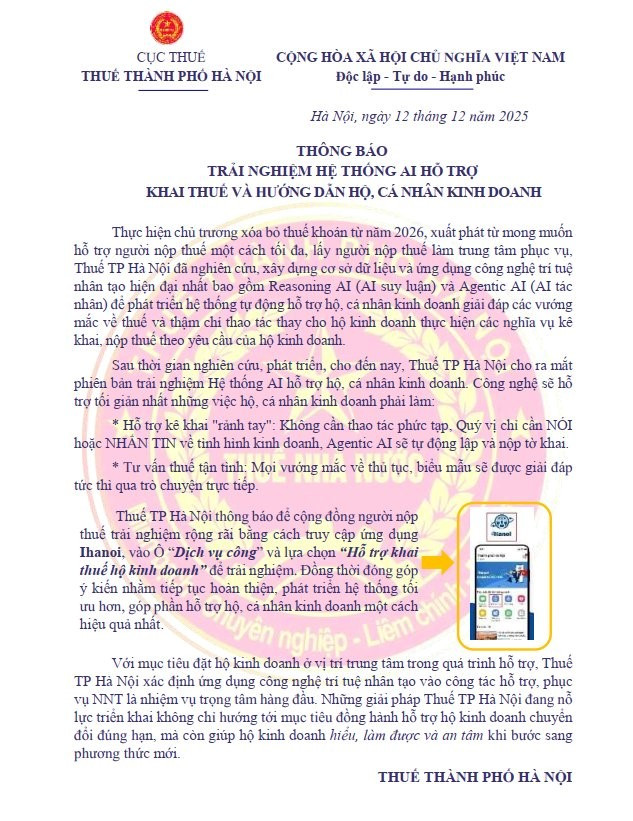 Thuế TP. Hà Nội phát thông báo quan trọng - ảnh 1