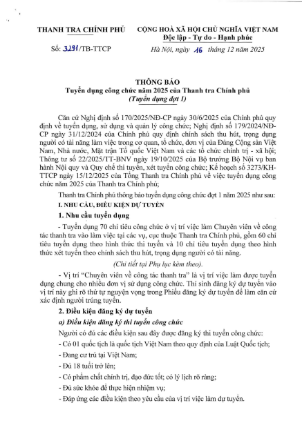 Cơ hội 'vàng' cho cử nhân tốt nghiệp đại học trở lên muốn làm việc tại Thanh tra Chính phủ - ảnh 1