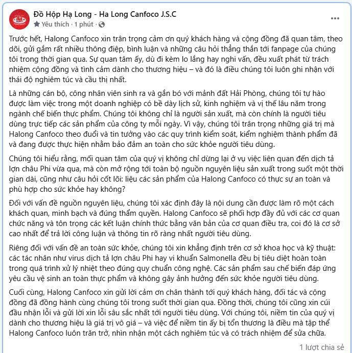 Động thái lạ của Đồ hộp Hạ Long: Đăng bài xin lỗi nhưng 'biến mất' sau ít phút? - ảnh 1