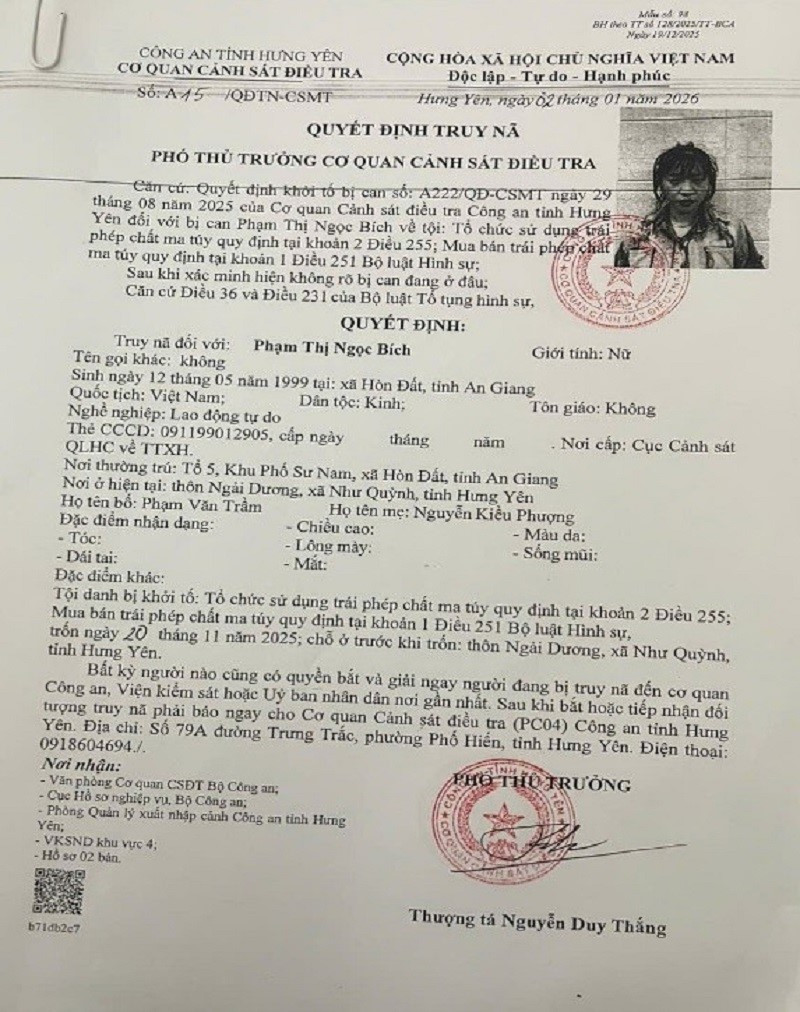 Bắt khẩn cấp đối tượng Phạm Thị Ngọc Bích SN 1999 - ảnh 2