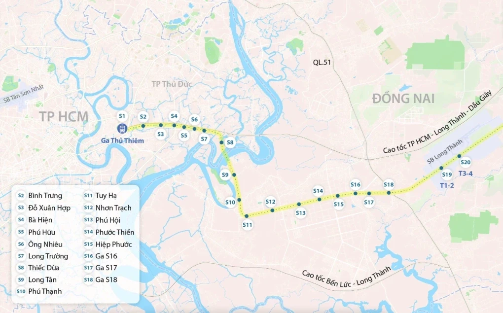 Dự kiến hướng tuyến, vị trí nhà ga đường sắt đô thị Thủ Thiêm - Long Thành (Ảnh VnExpress)