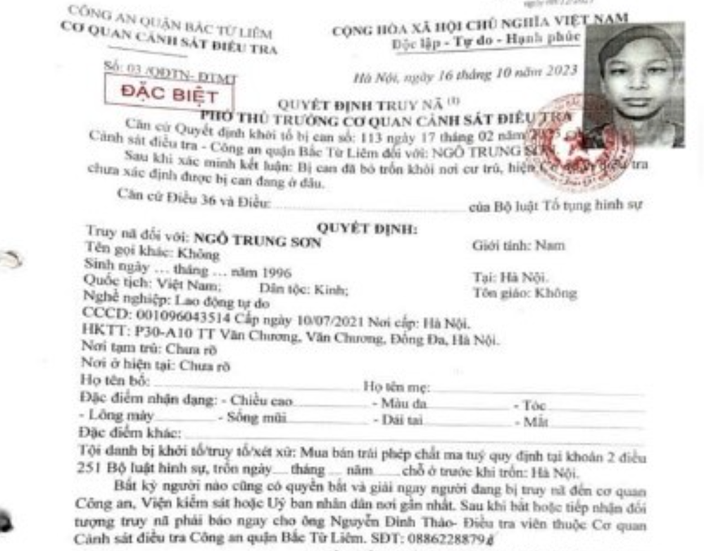 Đối tượng truy nã đặc biệt Ngô Trung Sơn SN 1996 ra đầu thú - ảnh 2