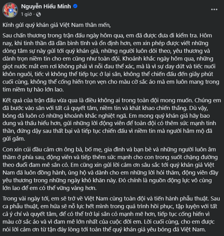 Sau chấn thương, cầu thủ Nguyễn Hiểu Minh viết tâm thư dài gửi người hâm mộ - ảnh 2
