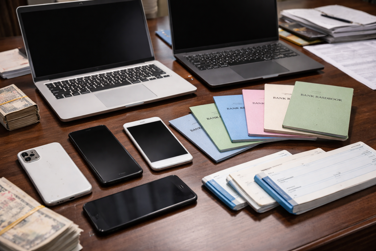 Khám xét khẩn cấp, thu giữ 4 điện thoại di động, 2 máy tính xách tay, 5 sổ tiết kiệm, 3 sổ séc của 4 người chưa rõ danh tính