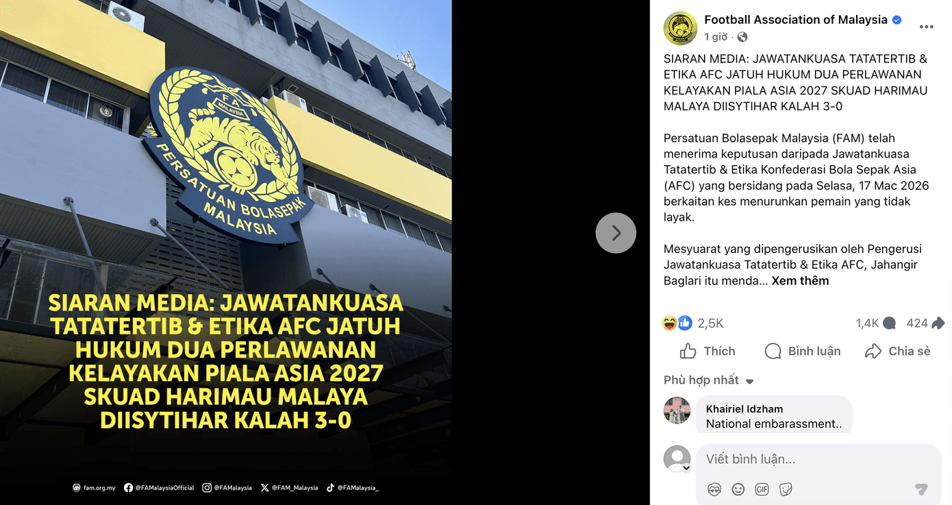 Bài đăng của Fanpage FAM nhận nhiều bình luận tiêu cực. screenshot-2026-03-17-at-143852.png