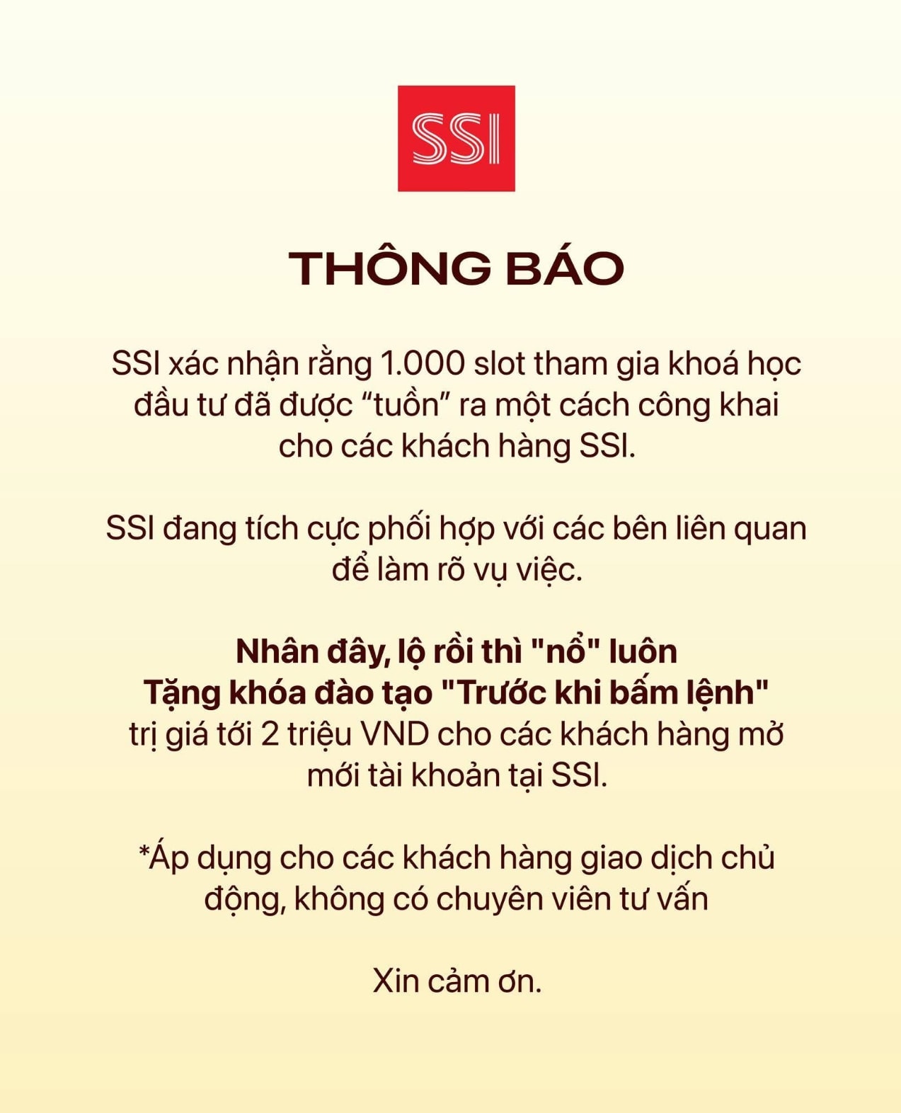 Chứng khoán SSI bất ngờ thông báo: 1.000 slot khoá học đã bị 'tuồn' ra ngoài - Ảnh 1.