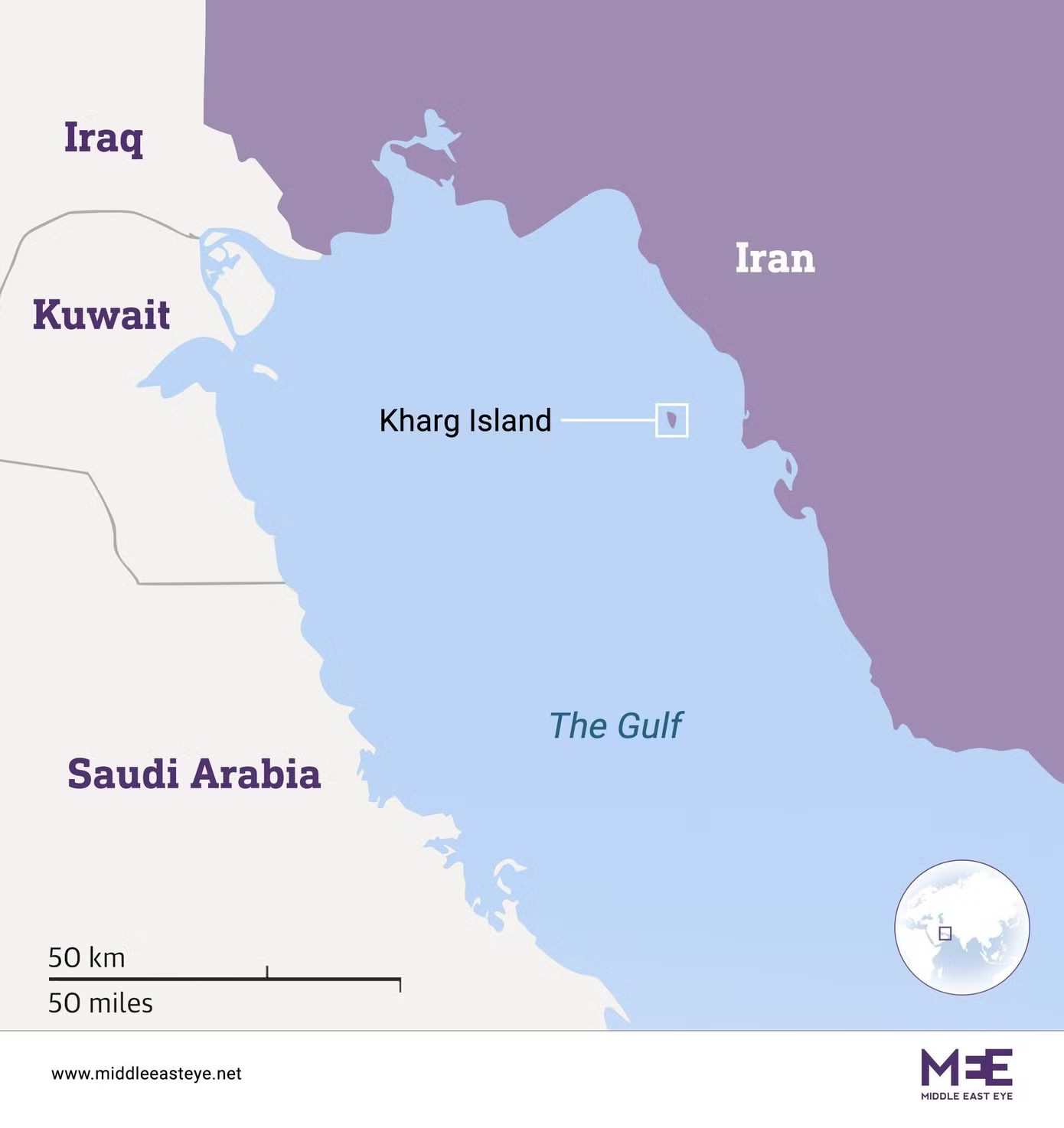 Vị trí đảo Kharg, eo biển Hormuz ở vùng Vịnh. Bản đồ: MEE. Hai dãy núi, hai sa mạc, hai vùng biển: địa lý là vũ khí lớn nhất của Iran - Ảnh 2.