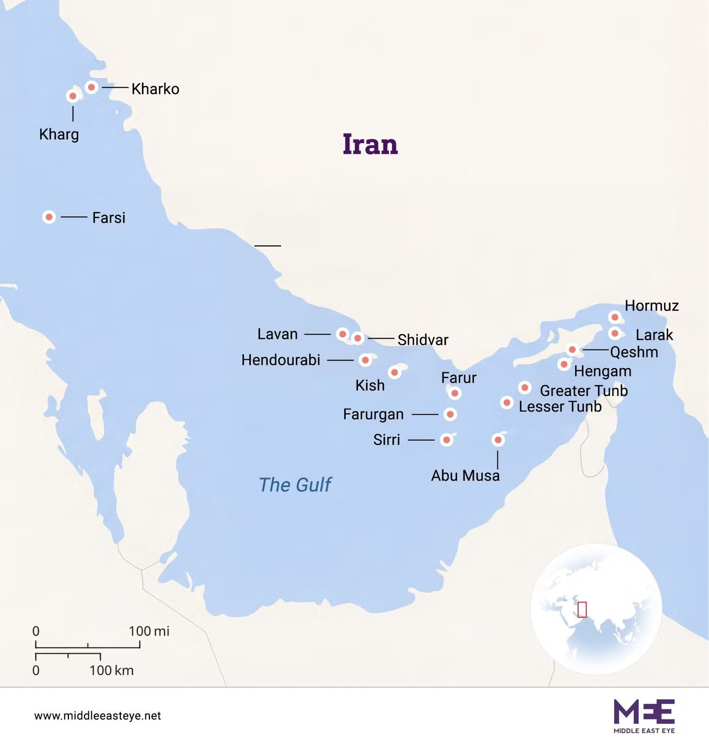 Vị trí các đảo quan trọng của Iran. Bản đồ: MEE. Hai dãy núi, hai sa mạc, hai vùng biển: địa lý là vũ khí lớn nhất của Iran - Ảnh 3.