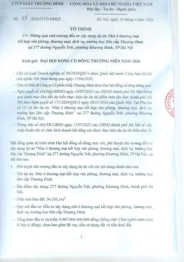 Tờ trình của HĐQT CTCP Giầy Thượng Đình. Nguồn ảnh: Giầy Thượng Đình Tờ trình của HĐQT CTCP Giầy Thượng Đình. Nguồn ảnh: Giầy Thượng Đình