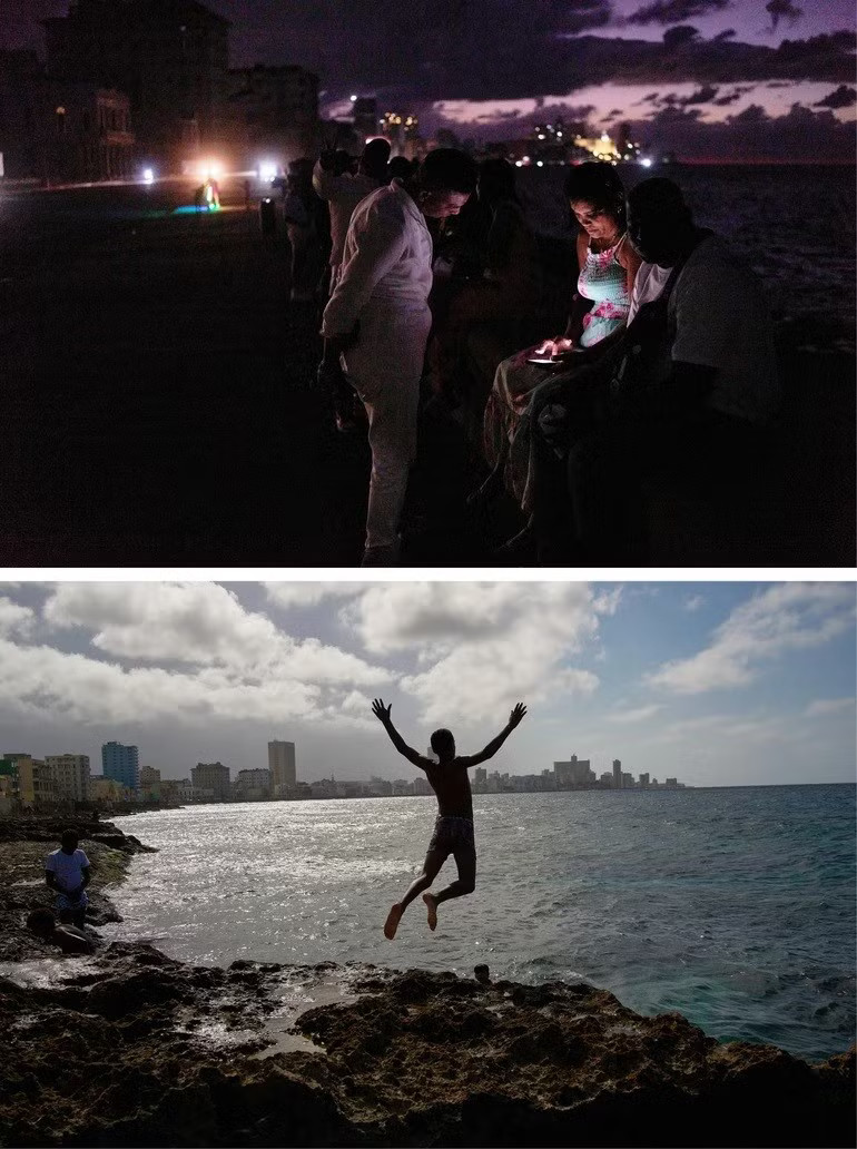 Trên: Người dân qua đêm trong bóng tối trên đại lộ Malecon trong thời gian mất điện ở Havana, Cuba, ngày 21/3/2026. Dưới: Một thanh niên nhảy xuống biển tắm trong thời gian mất điện ở Havana, ngày 4/3/2026. Ảnh: Getty Images. Cuba cảnh báo mức đe dọa quân sự chưa từng có từ Mỹ - Ảnh 3.