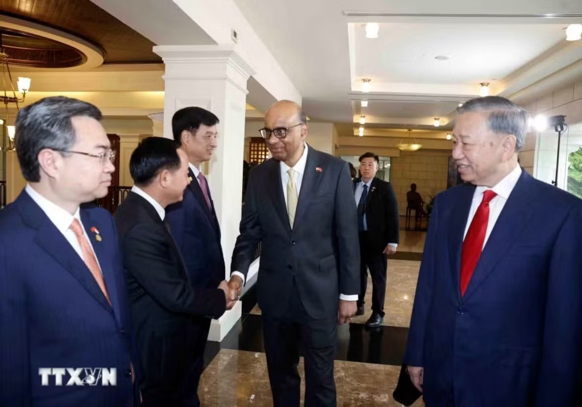 Tổng Bí thư, Chủ tịch nước Tô Lâm giới thiệu với Tổng thống Singapore Tharman Shanmugaratnam các thành viên đoàn đại biểu cấp cao Việt Nam dự Lễ đón. (Ảnh: Thống Nhất/TTXVN) Lễ đón trọng thể Tổng Bí thư, Chủ tịch nước Tô Lâm và Phu nhân tại Singapore - Ảnh 6.