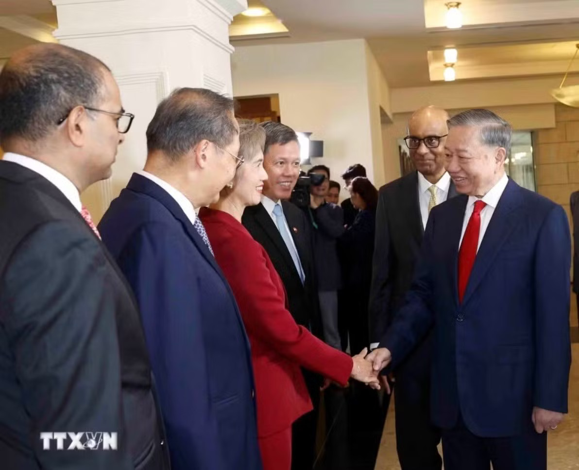 Tổng Bí thư, Chủ tịch nước Tô Lâm với thành viên đoàn đại biểu cấp cao Singapore dự Lễ đón. (Ảnh: Thống Nhất/TTXVN) Lễ đón trọng thể Tổng Bí thư, Chủ tịch nước Tô Lâm và Phu nhân tại Singapore - Ảnh 5.
