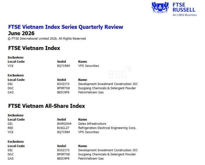 VCK, GEL, REE lọt rổ chỉ số của FTSE Russell, DIG, DGC và GAS bị loại - Ảnh 1.