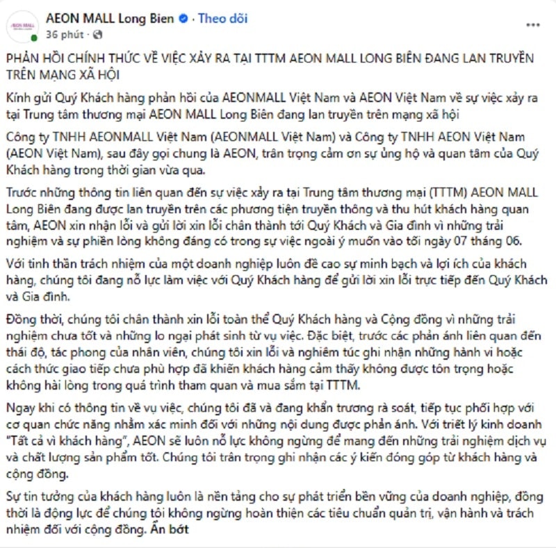AEONMALL chính thức lên tiếng - Ảnh 1.