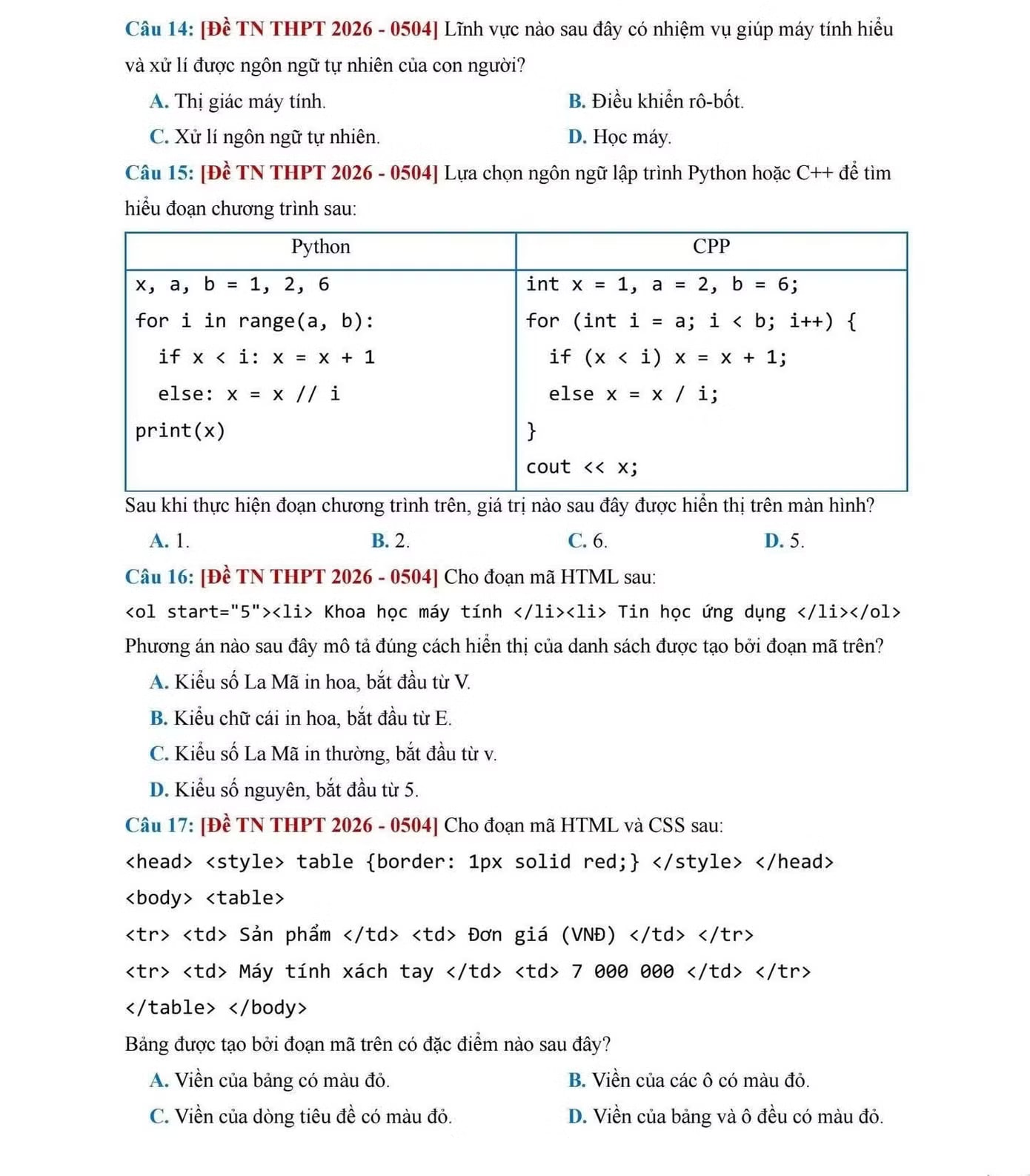 Đề thi tốt nghiệp môn Tin học, cập nhật đáp án các mã đề - Ảnh 4.