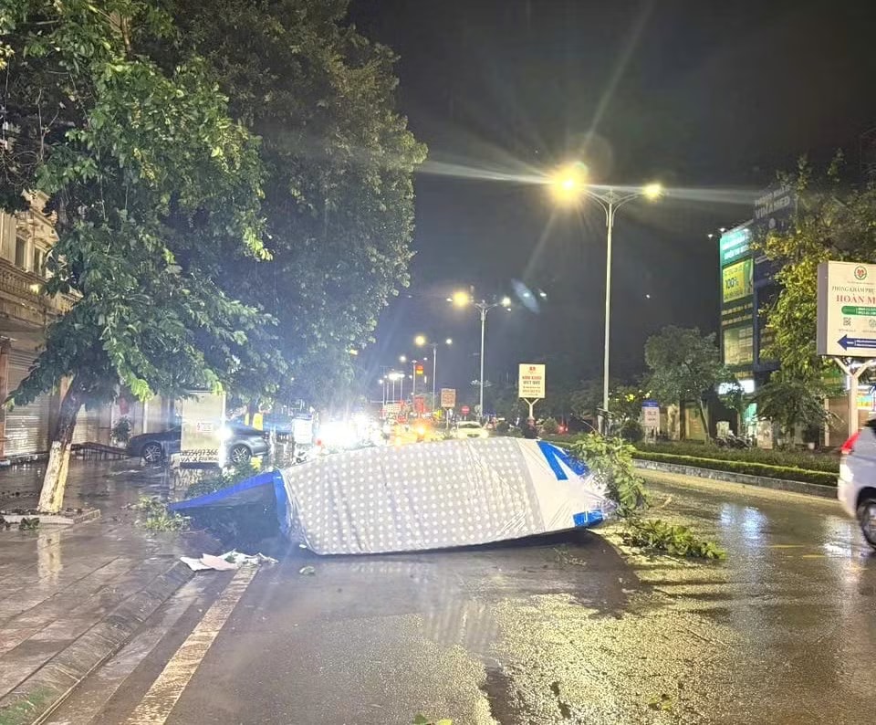 Biển quảng cáo và cây xanh tại một số tuyến đường ở phường Vĩnh Phúc bị gãy đổ. Mưa giông, gió mạnh làm tốc mái nhà dân, thổi bay biển quảng cáo ở Phú Thọ - Ảnh 2.