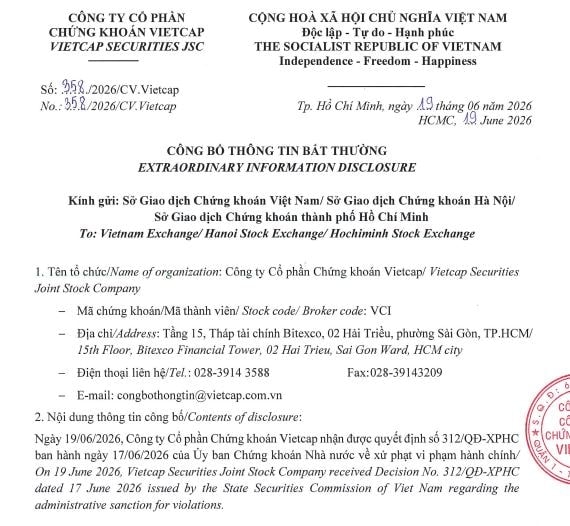 Chứng khoán Vietcap (VCI) bị xử phạt - Ảnh 1.