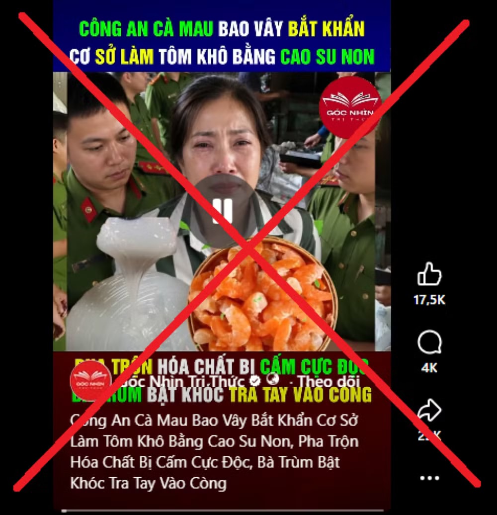 Thông tin sai sự thật về sản phẩm tôm khô Cà Mau thu hút hàng chục nghìn lượt tương tác và chia sẻ trên mạng xã hội. Ảnh: Chụp màn hình. Cà Mau bác tin ‘tôm khô làm từ cao su non’, công an vào cuộc - Ảnh 1.