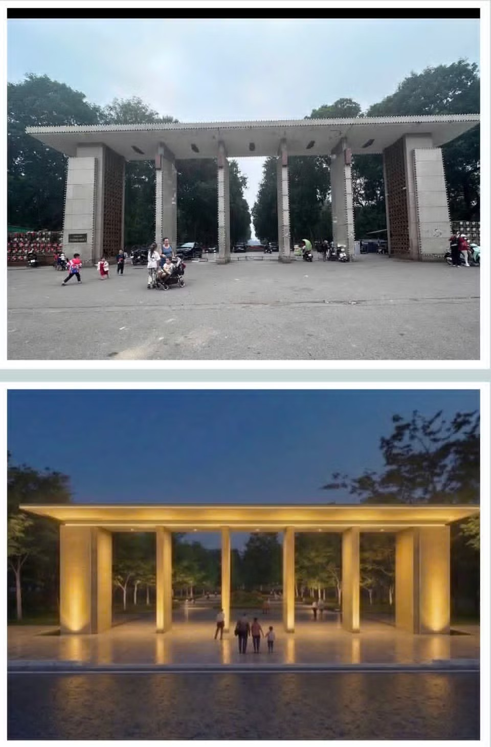 Hiện trạng cổng Công viên Thống Nhất và phối cảnh thiết kế sau cải tạo theo phương án đề xuất. Hà Nội sẽ xây dựng không gian mở, đài phun nước trên phố đi bộ Trần Nhân Tông - Ảnh 3.