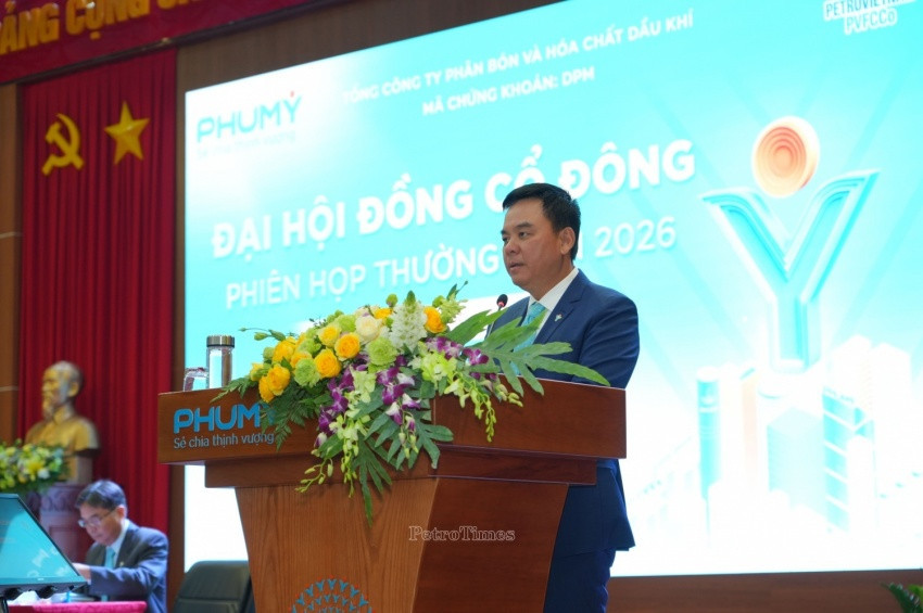Ông Nguyễn Xuân Hòa, Chủ tịch HĐQT PVFCCo - Phú Mỹ phát biểu tại Đại hội đồng cổ đông thường niên năm 2026, sự kiện được vinh danh Top 10 Đại hội đồng cổ đông thường niên tiêu biểu - AGM Awards 2026.