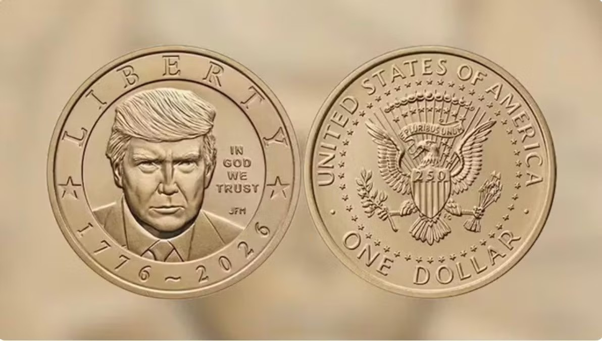 Thiết kế đồng xu 1 USD có chân dung Tổng thống Donald Trump. (Ảnh: Reuters) Mỹ sẽ phát hành đồng xu 1 USD in hình Tổng thống Trump - Ảnh 1.