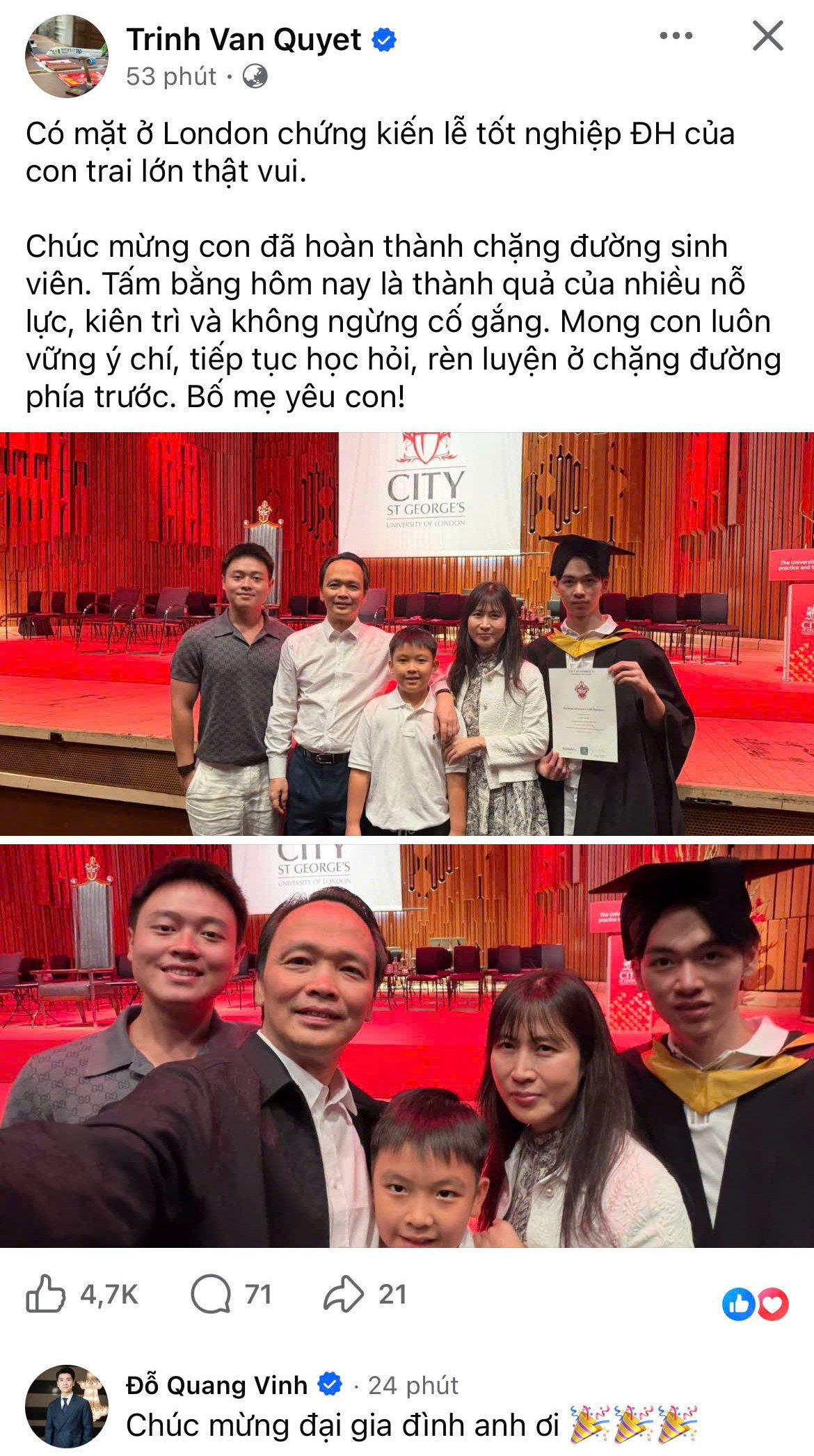 Ông Trịnh Văn Quyết sang London chứng kiến lễ tốt nghiệp của con trai, Phó Chủ tịch SHB gửi lời chúc mừng - Ảnh 1.