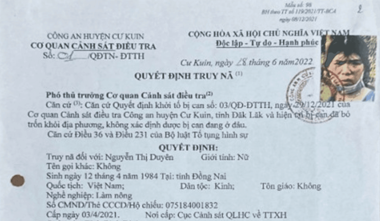 Công an kêu gọi Nguyễn Thị Duyên ra đầu thú