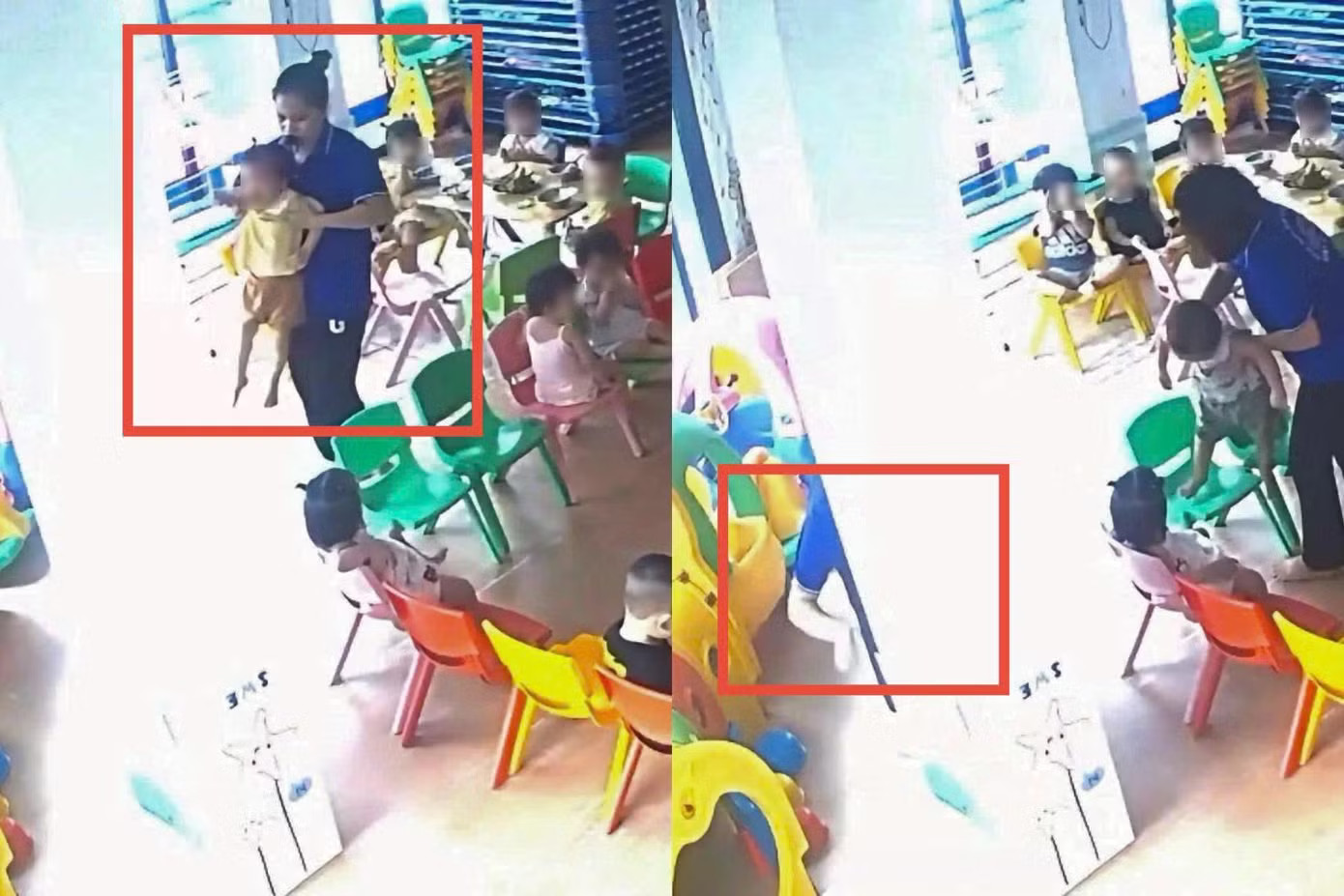 Cô giáo bế trẻ vào góc khuất camera. Ảnh: NVCC Hà Nội: Làm rõ vụ cháu bé 2 tuổi bị cô giáo đưa vào góc khuất, tát vào mặt - Ảnh 1.