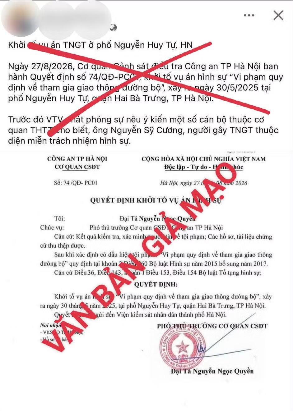 Văn bản giả mạo đăng tải trên mạng xã hội. Xử phạt người đăng văn bản giả mạo quyết định khởi tố vụ tai nạn ở đường Nguyễn Huy Tự - Ảnh 2.