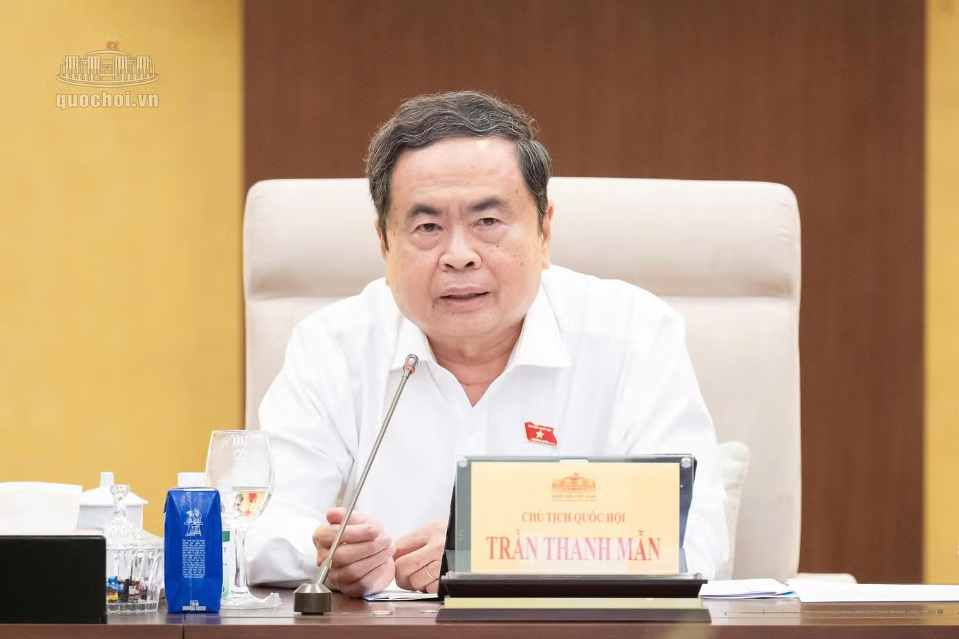 Chủ tịch Quốc hội Trần Thanh Mẫn phát biểu. (Ảnh: QH) 'Một hàng phở làm sao chứng minh được những con gà có hóa đơn, chứng từ?' - Ảnh 2.