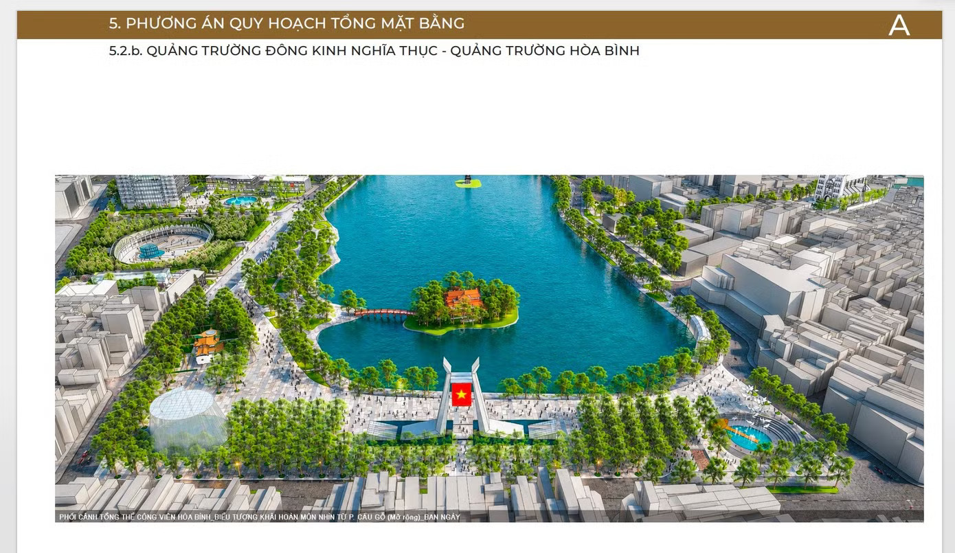 Phối cảnh dự kiến Quảng trường Đông Kinh Nghĩa Thục - Quảng trường Hòa Bình với biểu tượng Khải Hoàn Môn. (Ảnh: UBND TP Hà Nội) Công bố phối cảnh điều chỉnh quy hoạch khu vực hồ Hoàn Kiếm: Bổ sung biểu tượng ‘Khải Hoàn Môn’ - Ảnh 2.