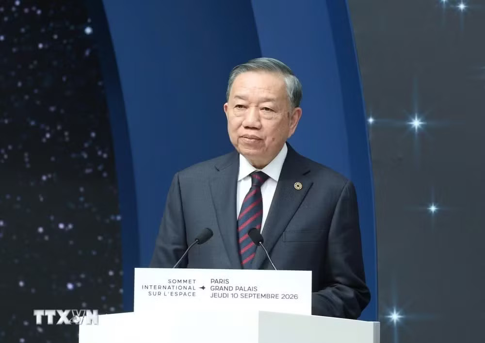 Tổng Bí thư, Chủ tịch nước Tô Lâm phát biểu tại Phiên chính thức Hội nghị Thượng đỉnh Không gian vũ trụ. (Ảnh: Thống Nhất/TTXVN) Tổng Bí thư, Chủ tịch nước Tô Lâm dự Phiên chính thức Hội nghị Thượng đỉnh Không gian vũ trụ - Ảnh 5.