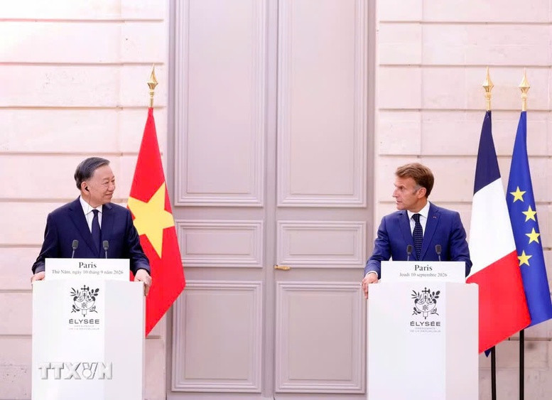 Tổng Bí thư, Chủ tịch nước Tô Lâm và Tổng thống Pháp Emmanuel Macron gặp gỡ báo chí - Ảnh: TTXVN