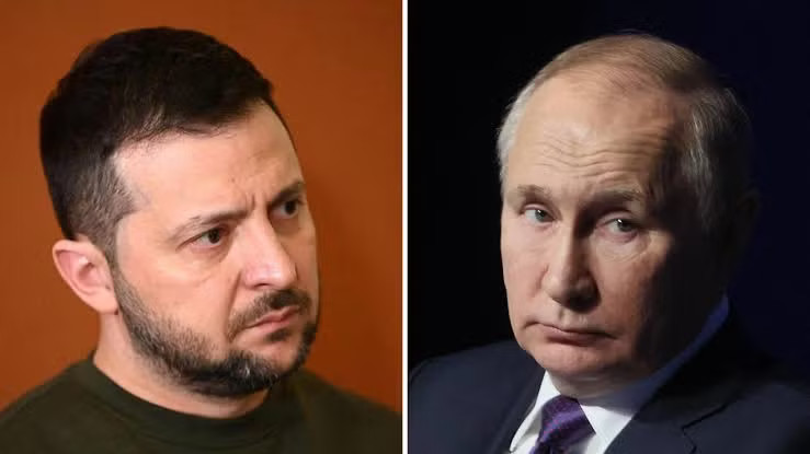 Tổng thống Ukraine Volodymyr Zelensky (trái) và Tổng thống Nga Vladimir Putin (phải). Ảnh: France 24 Tổng thống Ukraine Zelensky đề nghị gặp Tổng thống Nga Putin tại hội nghị G20 - Ảnh 1.