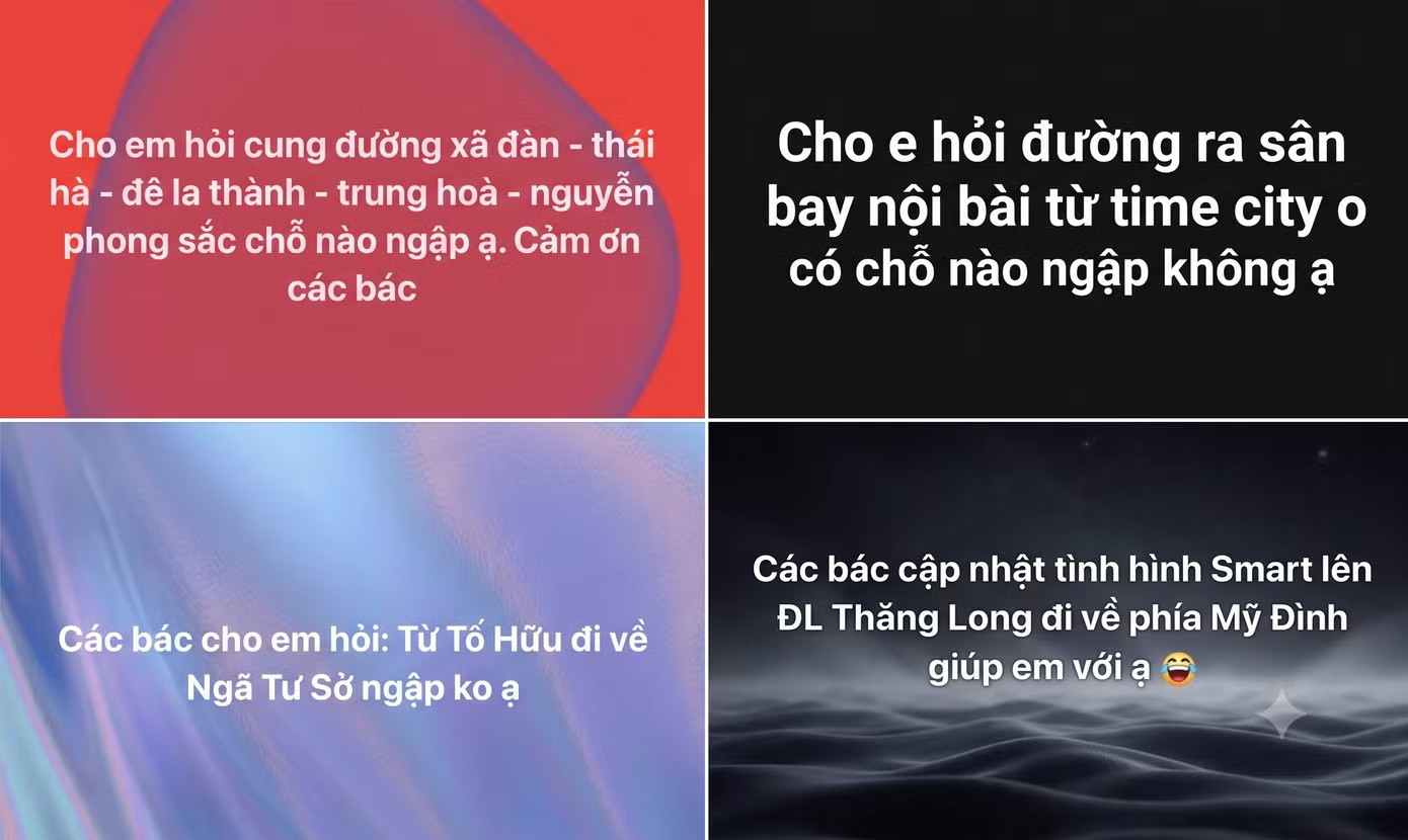 Người dân tìm đường tránh ngập trên mạng xã hội. Ảnh chụp màn hình (có sử dụng AI để ghép nhiều ảnh) Mưa lớn gây ngập nhiều nơi, 'Bản đồ mưa ngập' của Hà Nội hoạt động ra sao? - Ảnh 1.