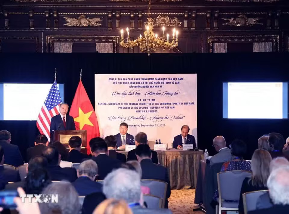 Tổng Bí thư, Chủ tịch nước Tô Lâm phát biểu tại cuộc gặp những người bạn Mỹ. (Ảnh: Thống Nhất/TTXVN) Tổng Bí thư, Chủ tịch nước Tô Lâm mong những người bạn Mỹ tiếp tục đồng hành cùng Việt Nam - Ảnh 2.