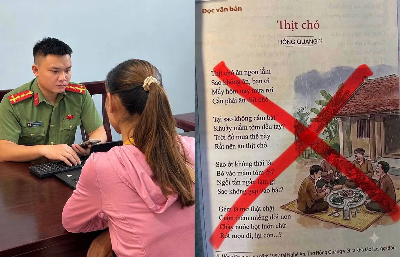 Chị L.T.N.L. làm việc với Công an xã Quỳ Châu sau khi đăng hình ảnh giả trang sách có bài thơ “Thịt chó” do AI tạo. Đăng ảnh bài thơ ‘Thịt chó’ do AI tạo, người phụ nữ bị công an mời làm việc - Ảnh 1.