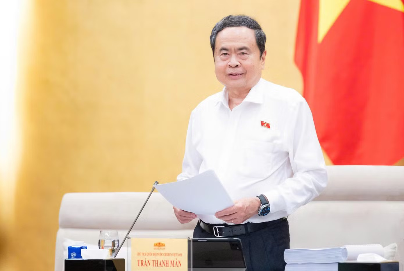 Chủ tịch Quốc hội Trần Thanh Mẫn phát biểu khai mạc. (Ảnh: QH) Chủ tịch Quốc hội: Phải ‘làm chặt, làm kỹ’ Luật Đất đai để thông qua tại Kỳ họp thứ 2 - Ảnh 1.